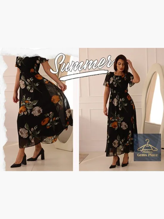 Flowy Chiffon Maxi Dress Smocked Top Flutter Sleeve Summer Boho - Picture 7 of 7